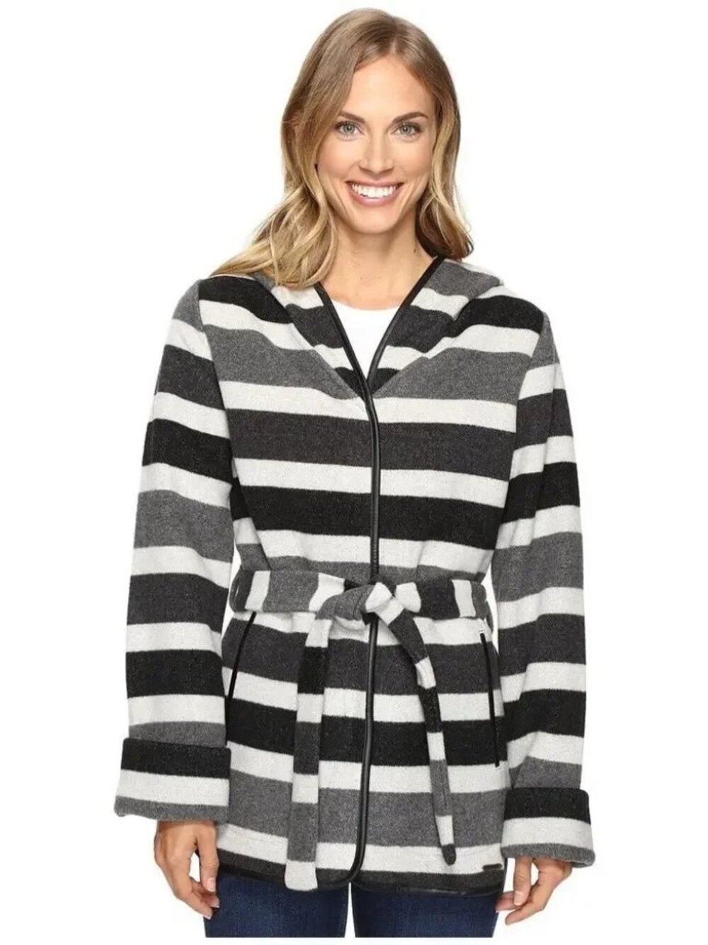 Smartwool Nokoni Striped Hooded Jacket Coat Merino Wool Blend Small Black/Gray